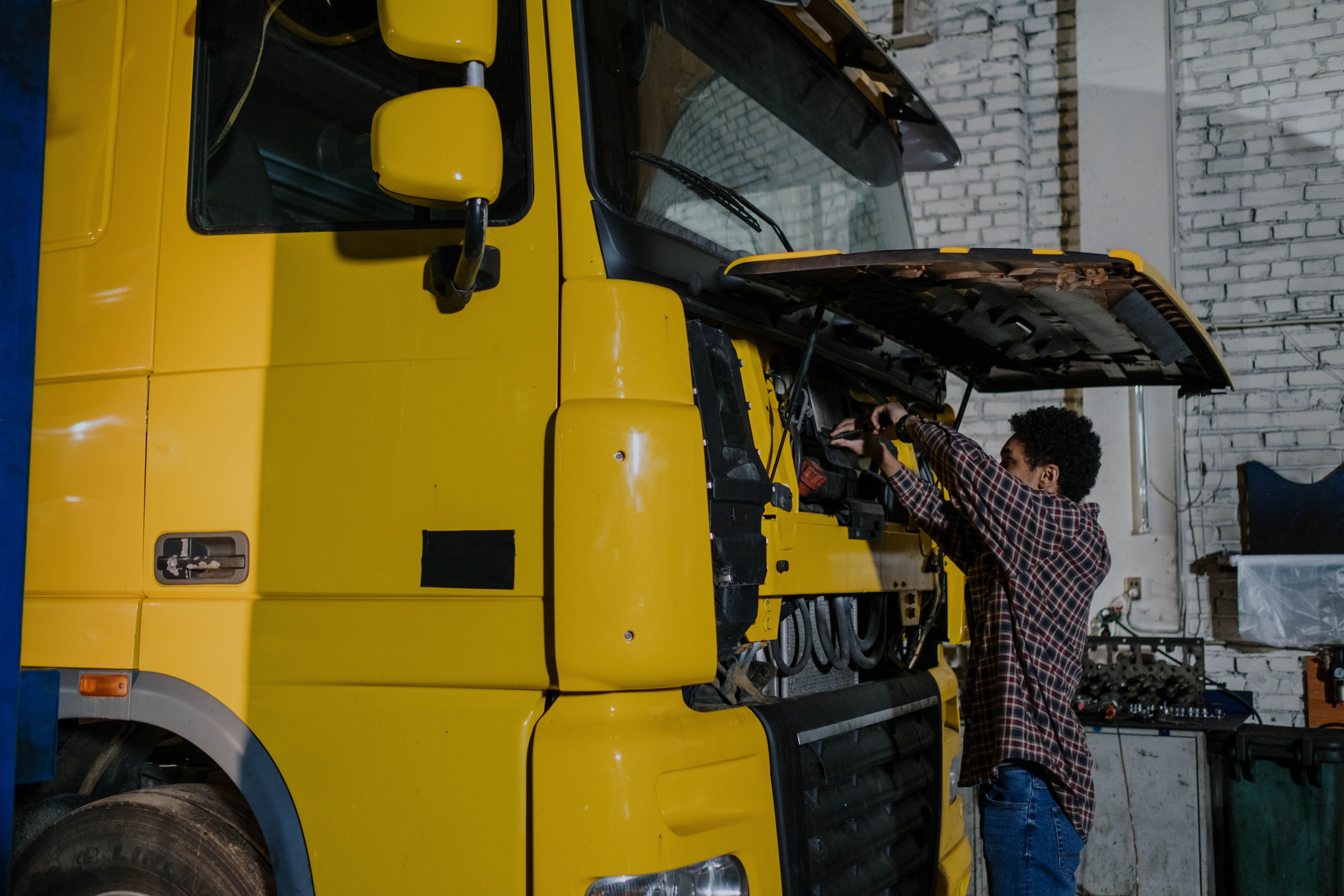 Truck engine being serviced